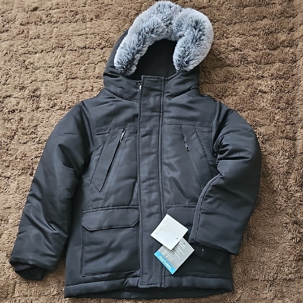 Black Hooded Jacket with Faux Fur Trim